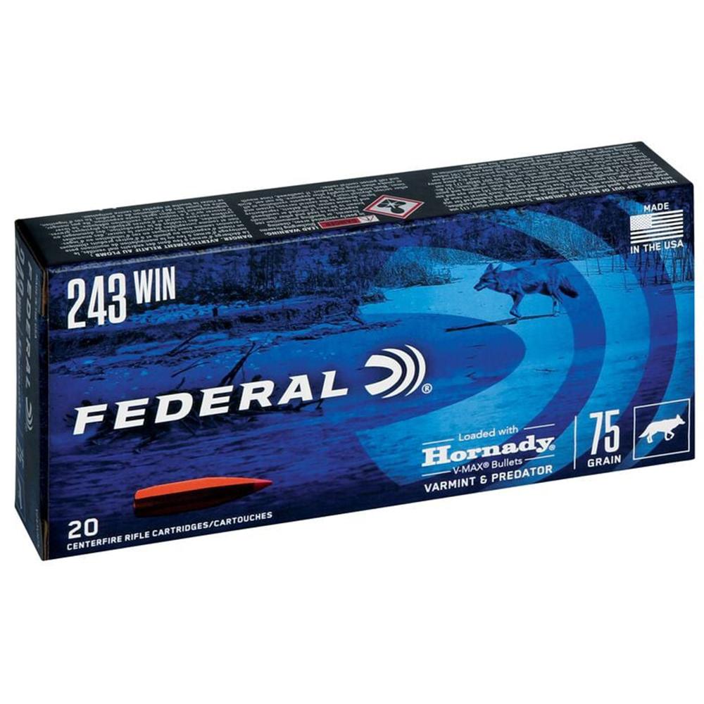 Federal Varmint & Predator rifle Ammunition .243 Win 75 gr V-Max 20/ct Picture of Federal Cartridge Co. FEDERAL 243 WIN 75GR HORNADY V-MAX AMMO 20RD