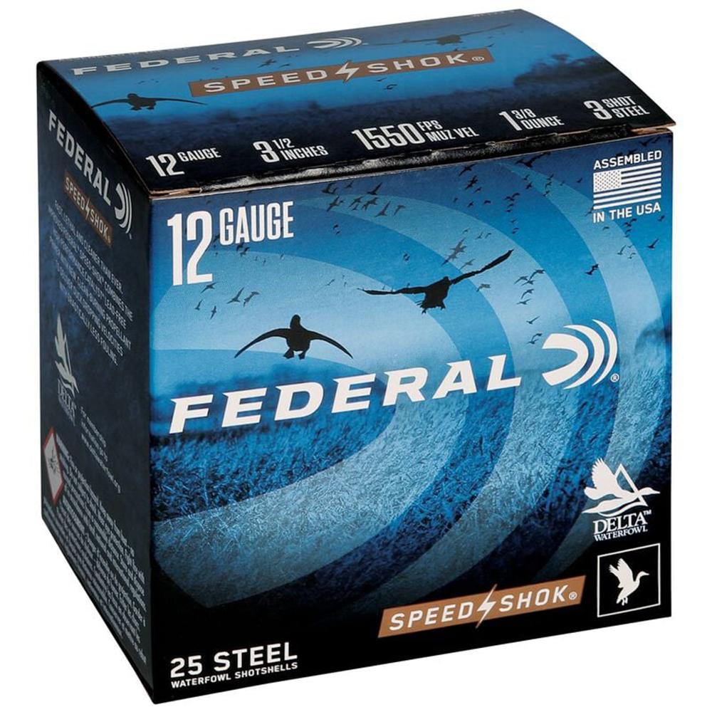 Federal Speed-Shok High Velocity Steel Shotshells 12ga 3-1/2" #3 1-3/8oz 1550 fps 25ct Picture of Federal Cartridge Co. FEDERAL SPEED-SHOK HIGH VELOCITY STEEL 12GA 3-1/2" 1-3/8OZ 3 AMMO 25RD