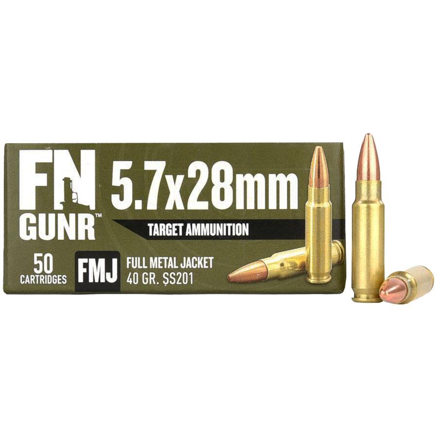 FN GUNR Target Handgun Ammunition 5.7x28mm 40 gr FMJ 2040 fps 50/ct Picture of FN USA FN GUNR SS201 5.7X28MM Ammo Target 40gr 50rd