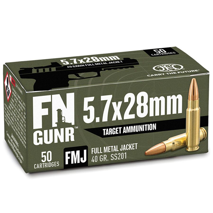 FN GUNR Target Handgun Ammunition 5.7x28mm 40 gr FMJ 2040 fps 50/ct Picture of FN USA FN GUNR SS201 5.7X28MM Ammo Target 40gr 50rd