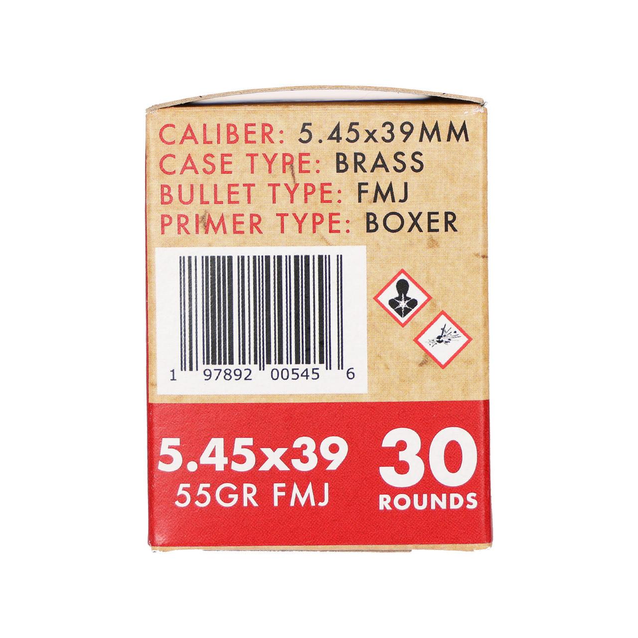 Global Ordnance Rifle Ammunition 5.45x39mm 55gr FMJ 2854 fps 30/ct Picture of Global Ordnance Global Ordnance 5.45x39mm 55gr FMJ Brass 30rd Box