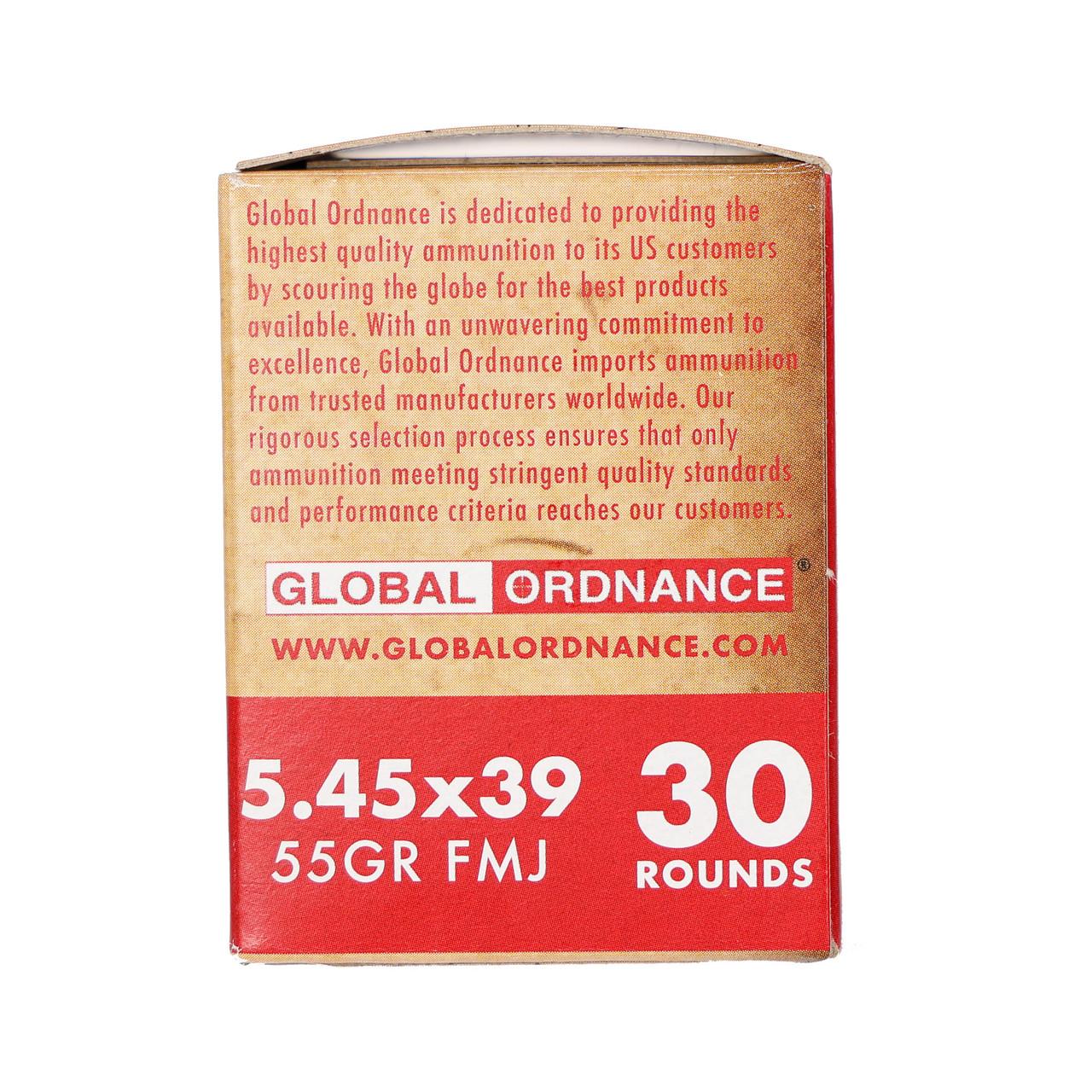Global Ordnance Rifle Ammunition 5.45x39mm 55gr FMJ 2854 fps 30/ct Picture of Global Ordnance Global Ordnance 5.45x39mm 55gr FMJ Brass 30rd Box