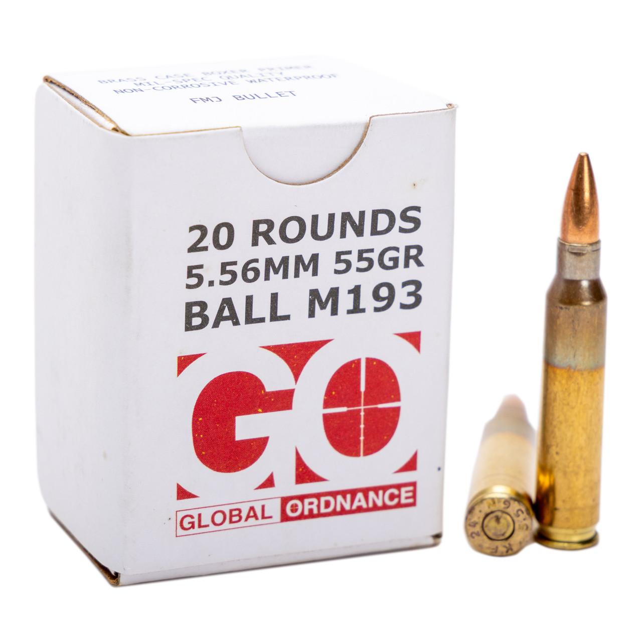 Global Ordnance M193 Rifle Ammunition 5.56mm 55gr FMJ 3162 fps 1000/ct Case (50-20/ct Boxes) Picture of Global Ordnance Global Ordnance 5.56x45mm M193 55gr FMJ Brass 20rd Boxes 1000rd Case