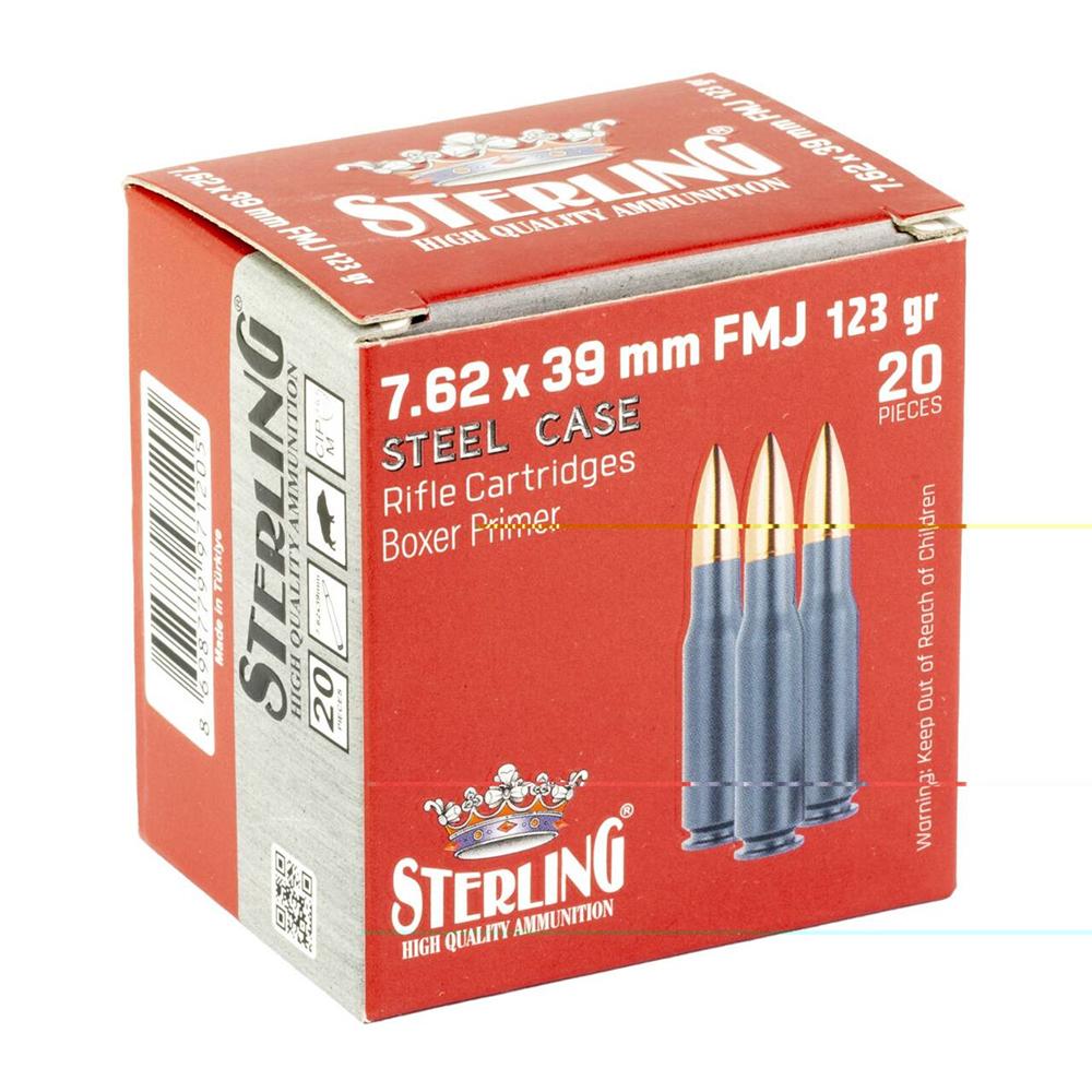 Global Ordnance Sterling Steel Case Select Rifle Ammunition 7.62x39mm 123gr FMJ 2362 fps 20/ct Picture of Global Ordnance Sterling Steel Case Select 7.62x39 123gr FMJ 20rd Box