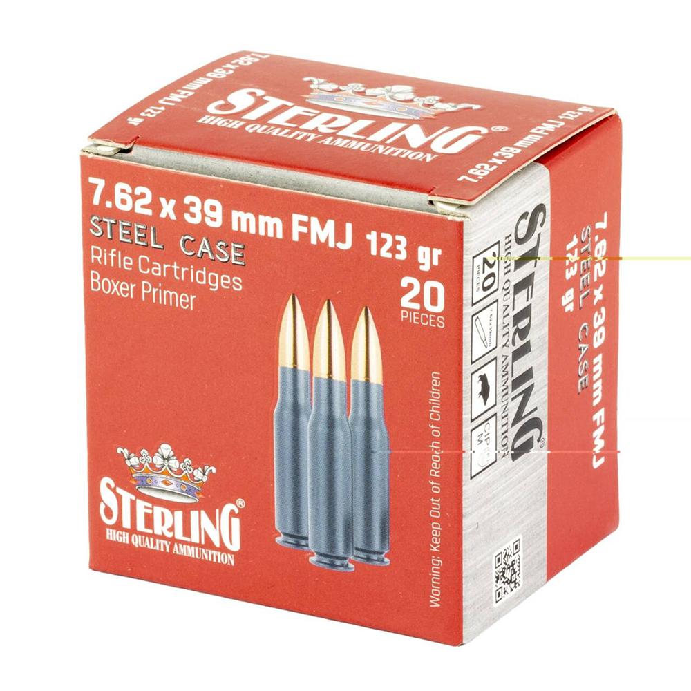 Global Ordnance Sterling Steel Case Select Rifle Ammunition 7.62x39mm 123gr FMJ 2362 fps 20/ct Picture of Global Ordnance Sterling Steel Case Select 7.62x39 123gr FMJ 20rd Box