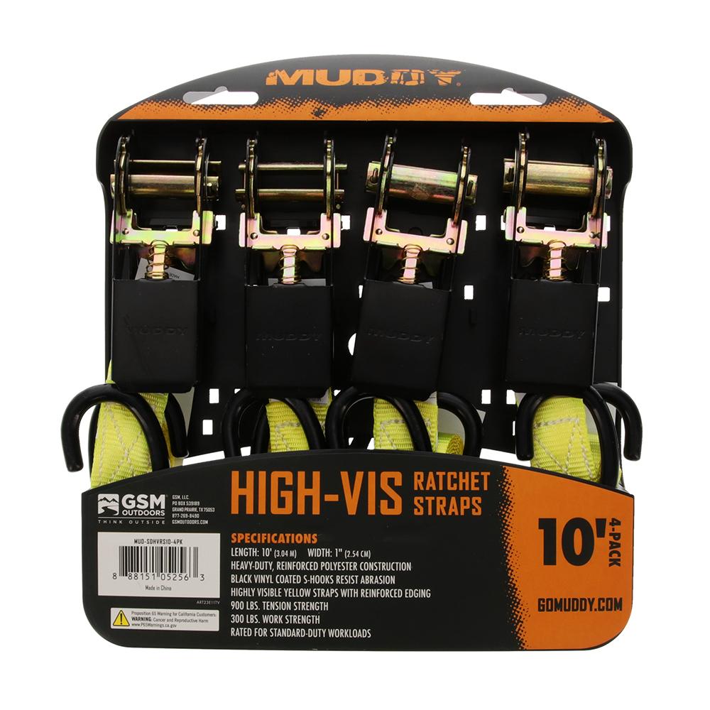 Muddy Ratchet Straps 1" x 10 ft High-Vis Yellow 4/ct Picture of Gsm STEAKTH HI 1" X 10' STANDARD DUTY RATCHET STRAPS / HI VIS / 4 PACK