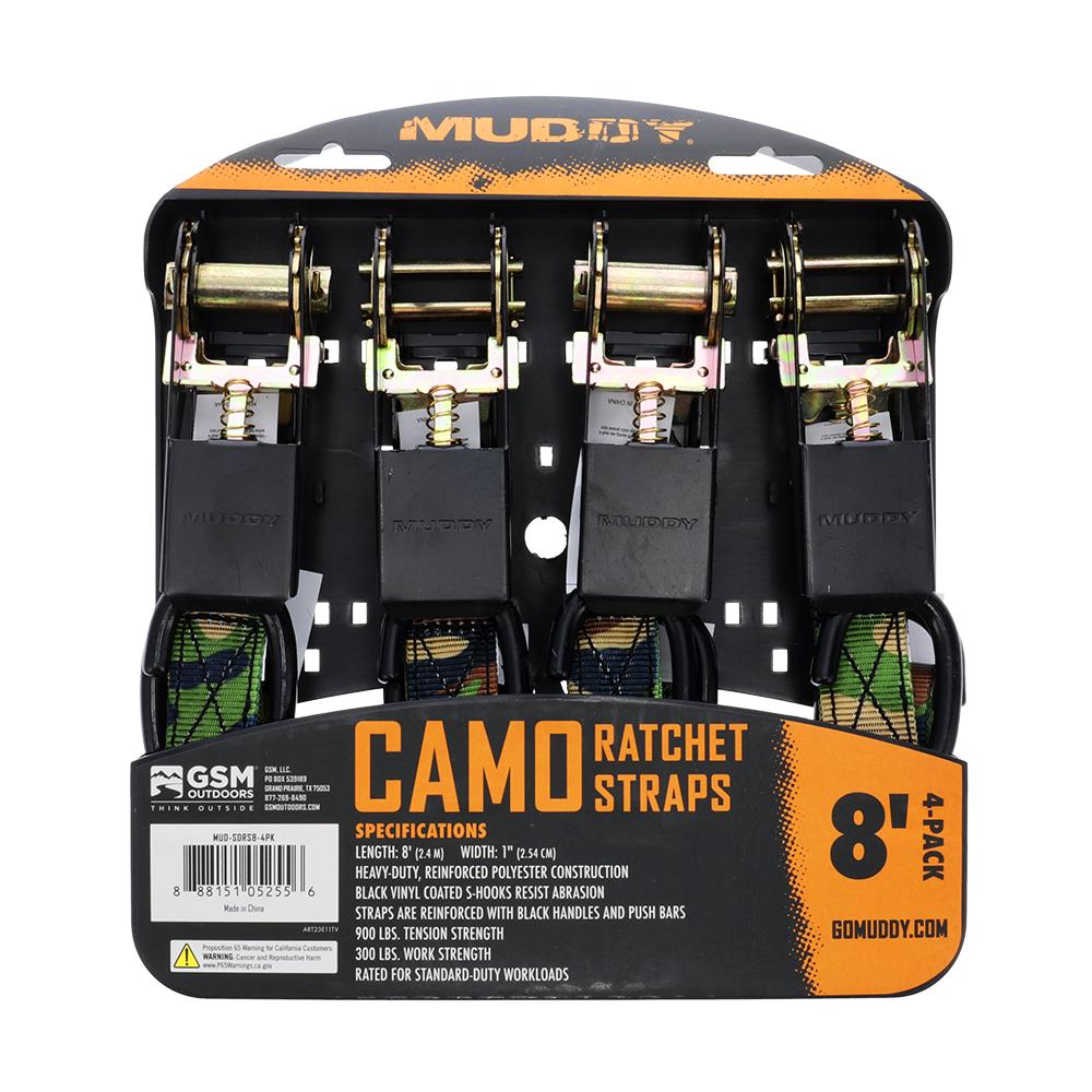 Muddy Ratchet Straps 1" x 8 ft Camo 4/ct Picture of Gsm MUDDY 1" X 8' STANDARD DUTY RATCHET STRAPS / CAMO / 4 PACK