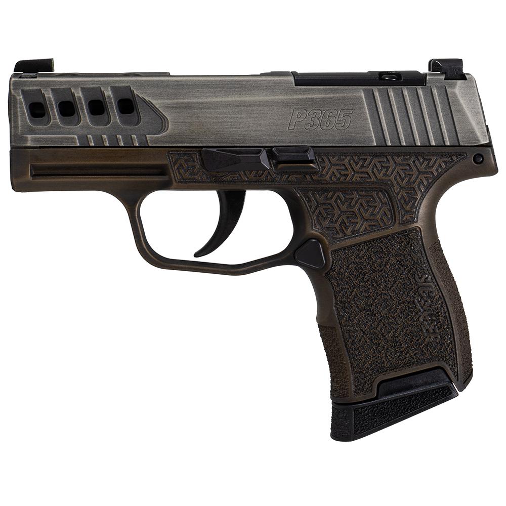 Sig Sauer P365 "Gold Bug" Handgun 9mm luger 10rd Magazines(2) 3.1" Black Barrel Tactical Cut Distressed Grey Slide/Brown Grip Octagon Stippling Picture of Sig Sauer P3659mm3.1instriker10rdOpticReady DistGrSlide&BrGrip Oct Stippling