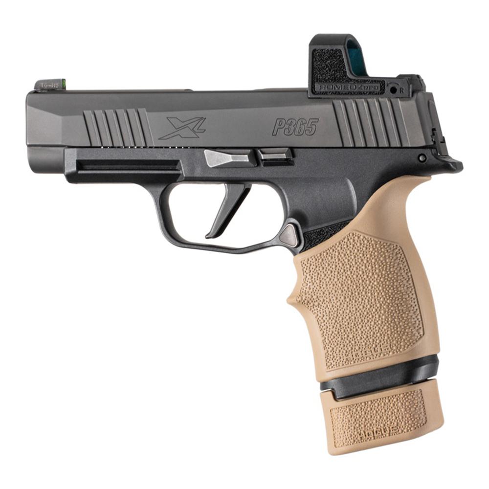 Hogue Overmolded Rubber Magazine Extended Base Pad for Sig P365 XL 15rd FDE Picture of Hogue Inc. Sig Sauer P365 XL Rubber 15 Round Magazine Extended Base Pad FDE