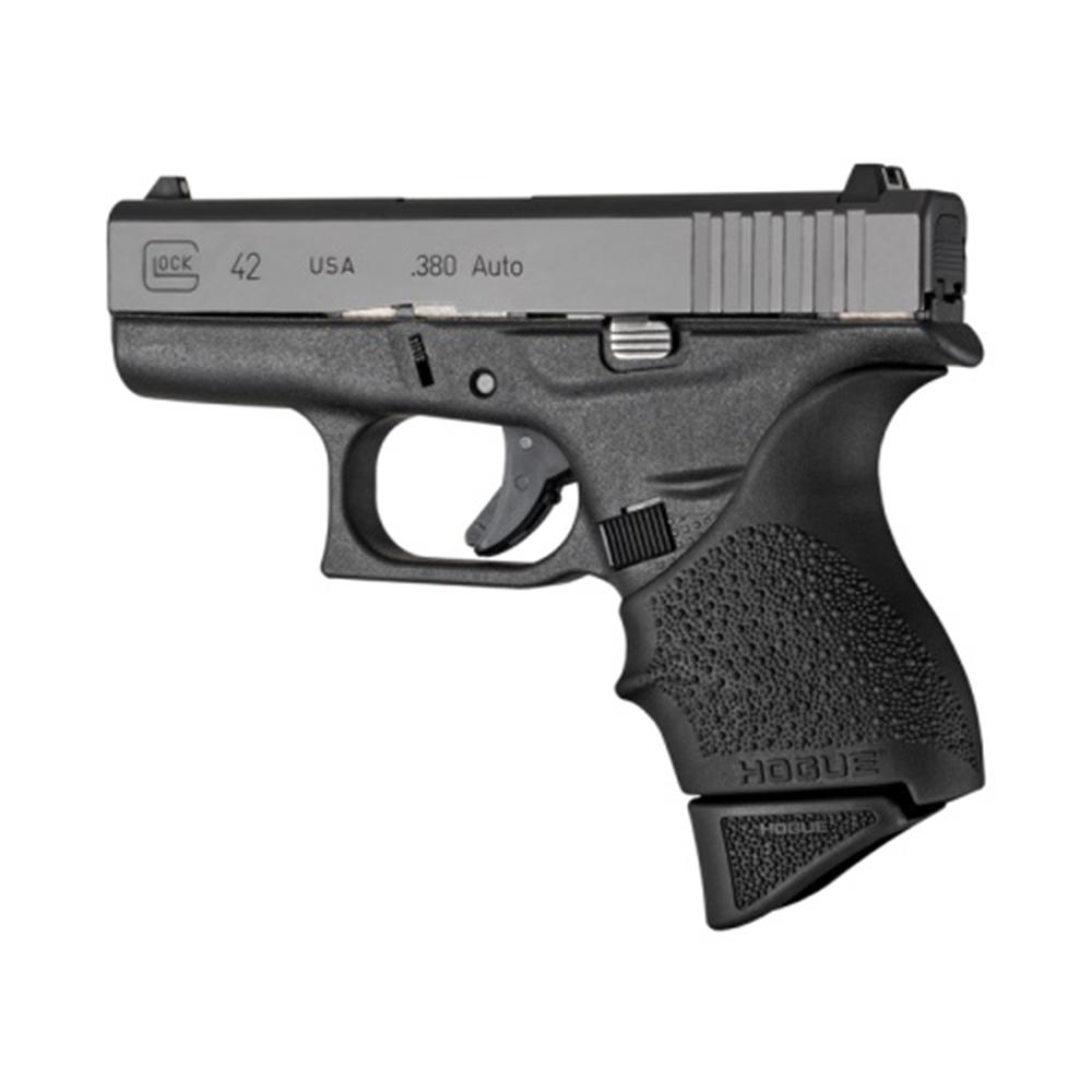 Hogue Overmolded Rubber Grip Extension Base Pad for Glock 42 6/rd Magazines Black Picture of Hogue Inc. Glock 42 .380 OverMolded Rubber Grip Ext Base Pad for 6 Rd Mag Blk