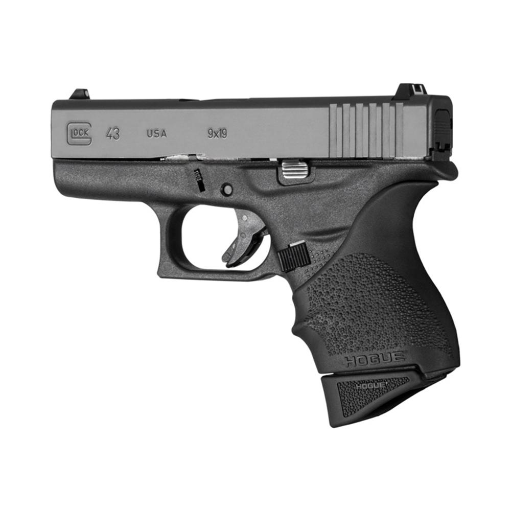 Hogue Overmolded Rubber Grip Extension Base Pad for Glock 43 6/rd Magazines Black Picture of Hogue Inc. Glock 43 9mm OverMolded Rubber Grip Ext Base Pad for 6 Rd Mag Blk