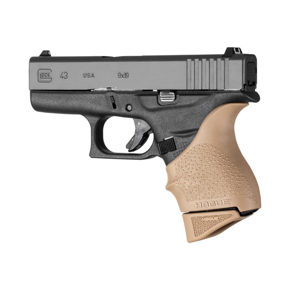 Hogue Overmolded Rubber Grip Extension Base Pad for Glock 43 6/rd Magazines FDE Picture of Hogue Inc. Glock 43 9mm OverMolded Rubber Grip Ext Base Pad for 6 Rd Mag FDE