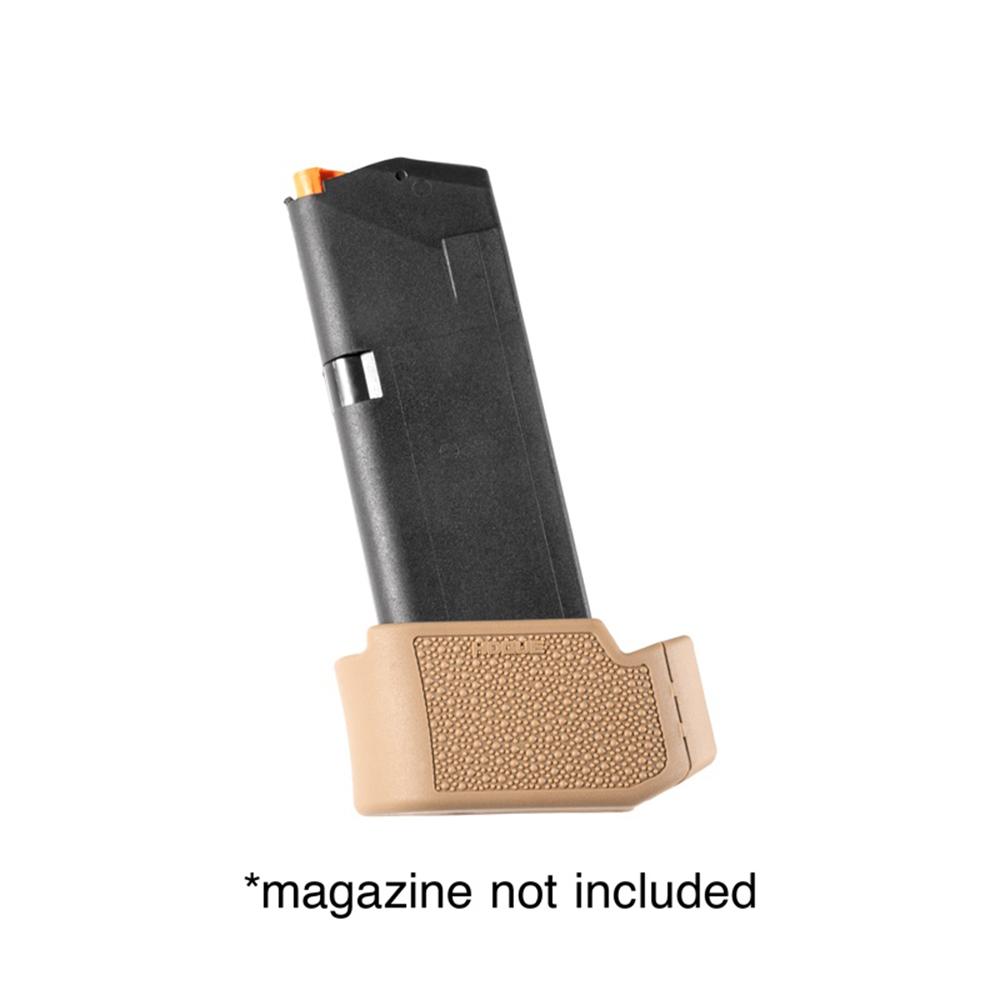 Hogue Overmolded Rubber Grip Extension Base Pad for Glock 26 FDE Picture of Hogue Inc. Glock 19 OverMolded Rbr Grip Ext Base Pad for 10/15 Rd Mag Fit Glock 26 FDE
