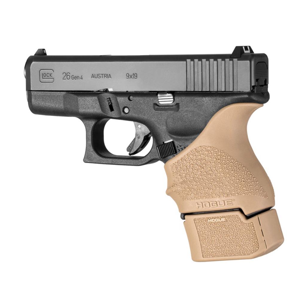 Hogue Overmolded Rubber Grip Extension Base Pad for Glock 26 FDE Picture of Hogue Inc. Glock 19 OverMolded Rbr Grip Ext Base Pad for 10/15 Rd Mag Fit Glock 26 FDE
