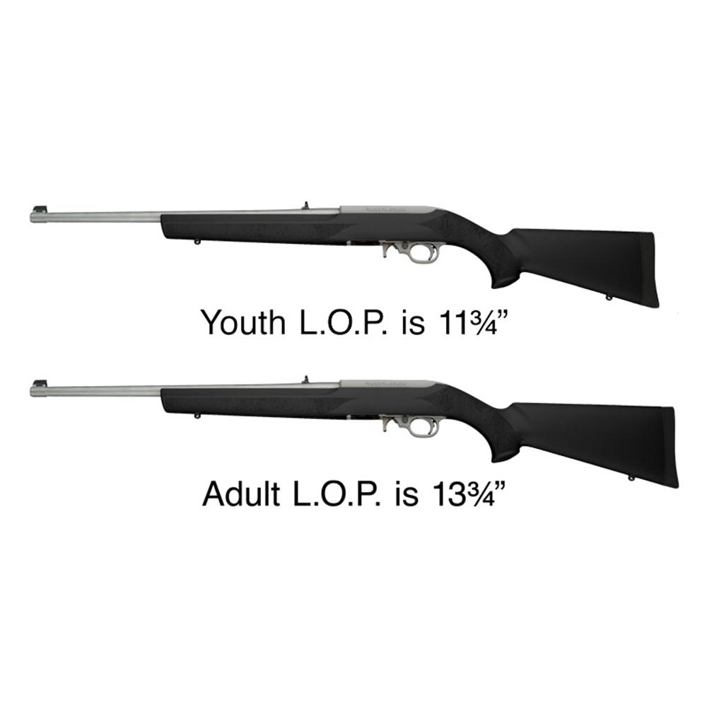 Hogue Youth Overmolded Rubber Stock for Ruger 10/22 Standard Barrel Channel Black Picture of Hogue Inc. Ruger 10-22 Compact Rubber OverMolded Stock with Standard Barrel Channel