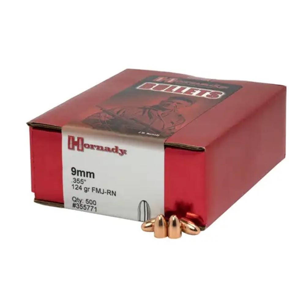 Hornady Reloading Handgun Bullets 9mm .355" 124 gr FMJRN 500/ct Picture of Hornady Mfg HO 9MM .355 124GR FMJ-RN 500 RD.