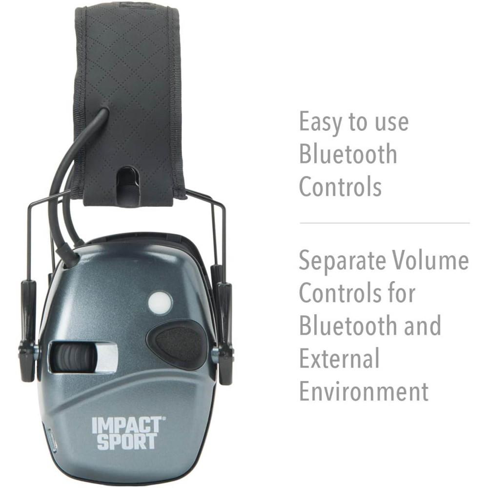 Howard Leight Impact Sport Shooting Electronic Ear Muffs with Bluetooth 21dB Charcoal Grey Picture of Honeywell Safety Products USA Impact Sport Bluetooth Lithium Battery Charcoal Gray Earmuffs