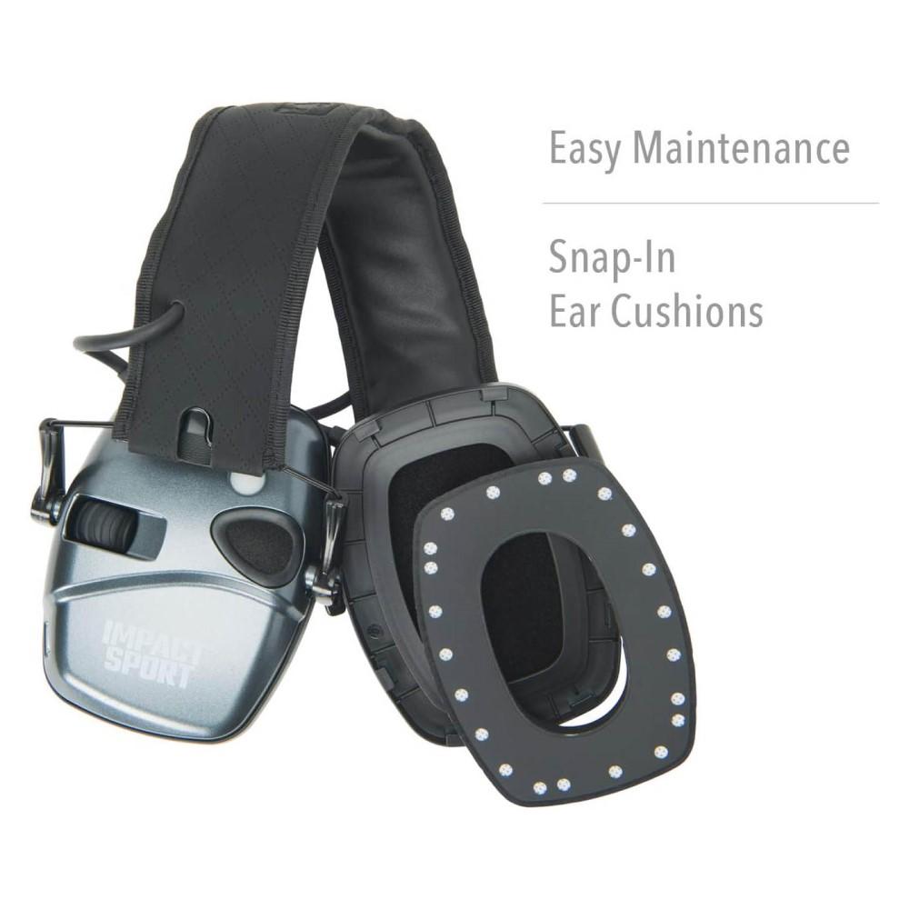 Howard Leight Impact Sport Shooting Electronic Ear Muffs with Bluetooth 21dB Charcoal Grey Picture of Honeywell Safety Products USA Impact Sport Bluetooth Lithium Battery Charcoal Gray Earmuffs