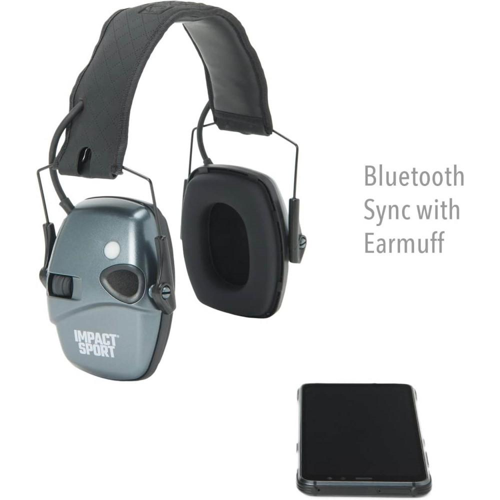 Howard Leight Impact Sport Shooting Electronic Ear Muffs with Bluetooth 21dB Charcoal Grey Picture of Honeywell Safety Products USA Impact Sport Bluetooth Lithium Battery Charcoal Gray Earmuffs