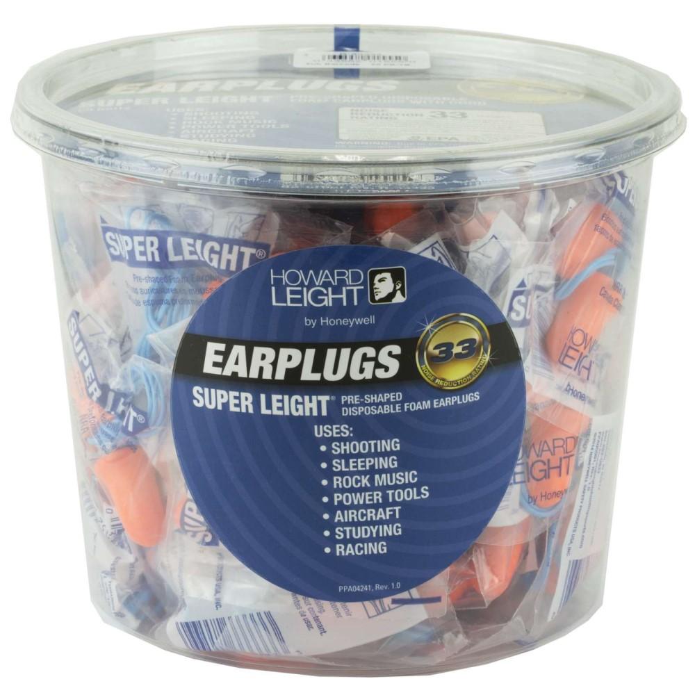 Howard Leight Super Leight Ear Plugs Pre-Shaped Foam Coral Ear Plugs 33dB 50/pr Corded Tub Picture of Honeywell Safety Products USA Super Leight Corded Pre-Shaped Foam Coral/Blue Ear Plugs 50 pr Corded tub