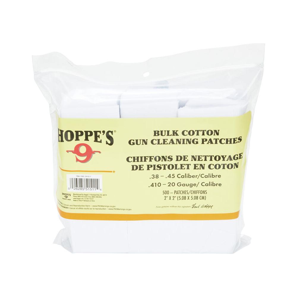 Hoppe's Gun Cleaning Patches .38 cal to .45 cal and .410 ga to 20 ga 500/ct Picture of Hoppe's Hoppe's .38-.45 Cal 2" Cotton Patch 500 Pack Poly Bag