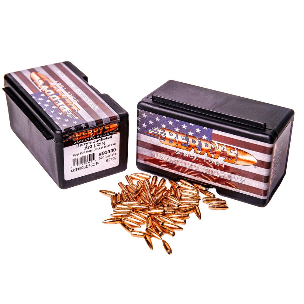 Berry's Rifle Bullets .223/5.56mm .224" 62 gr FMJ-BT 1500/ct Picture of Berry's Mfg Berry's .223/5.56mm 62gr Full Metal Jacket Boat-Tail (MiniCan) 1500 Count