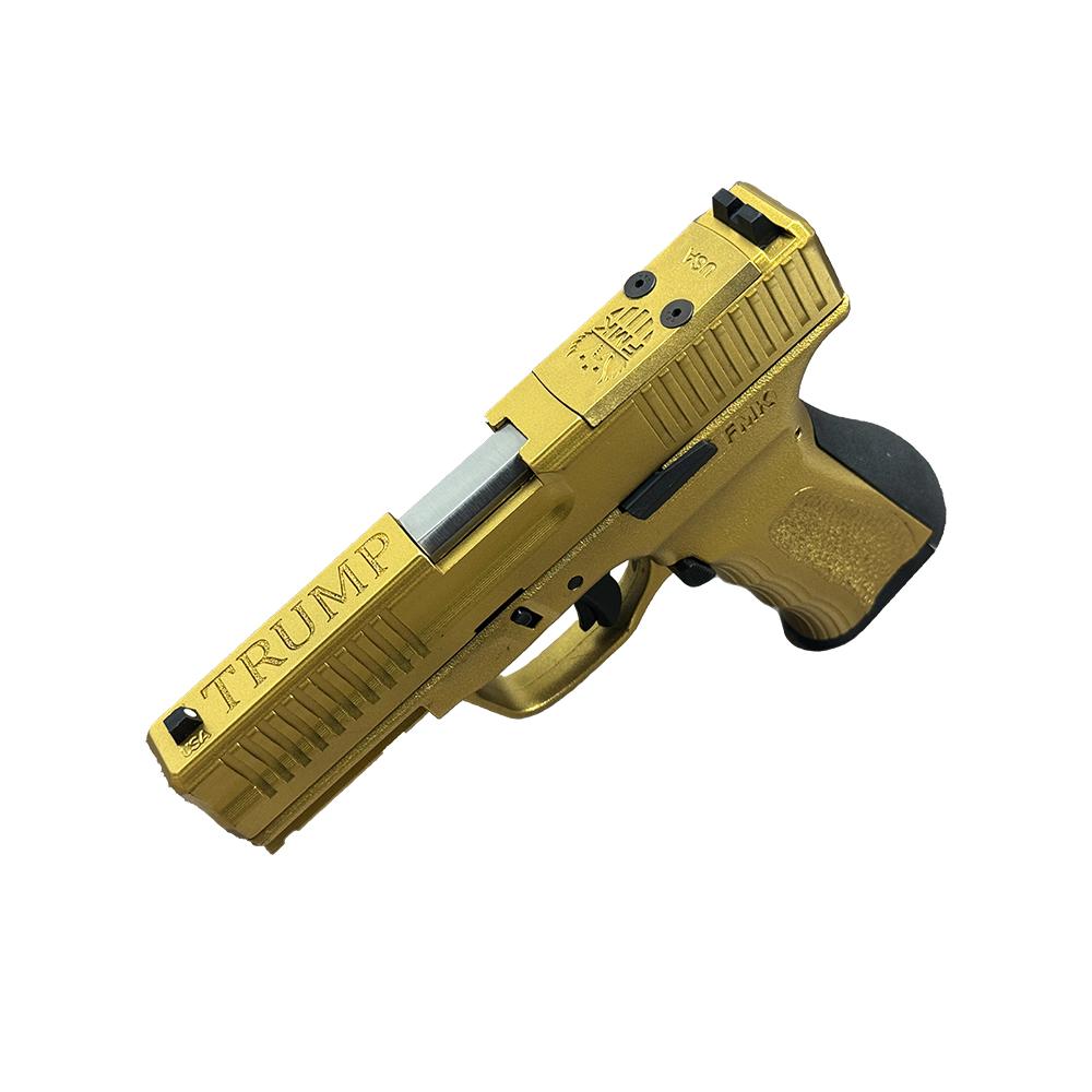 FMK G3 Trump Signature Handgun 9mm Luger 14rd Magazines(2) 3.87" Barrel Optic Ready Gold and silver Cerakote Picture of FMK Firearms Inc. FMK G3 TRUMP SIGNATURE 45/47 CERAKOTE GOLD SILVER SLIDE 9MM 3.87" 14rd