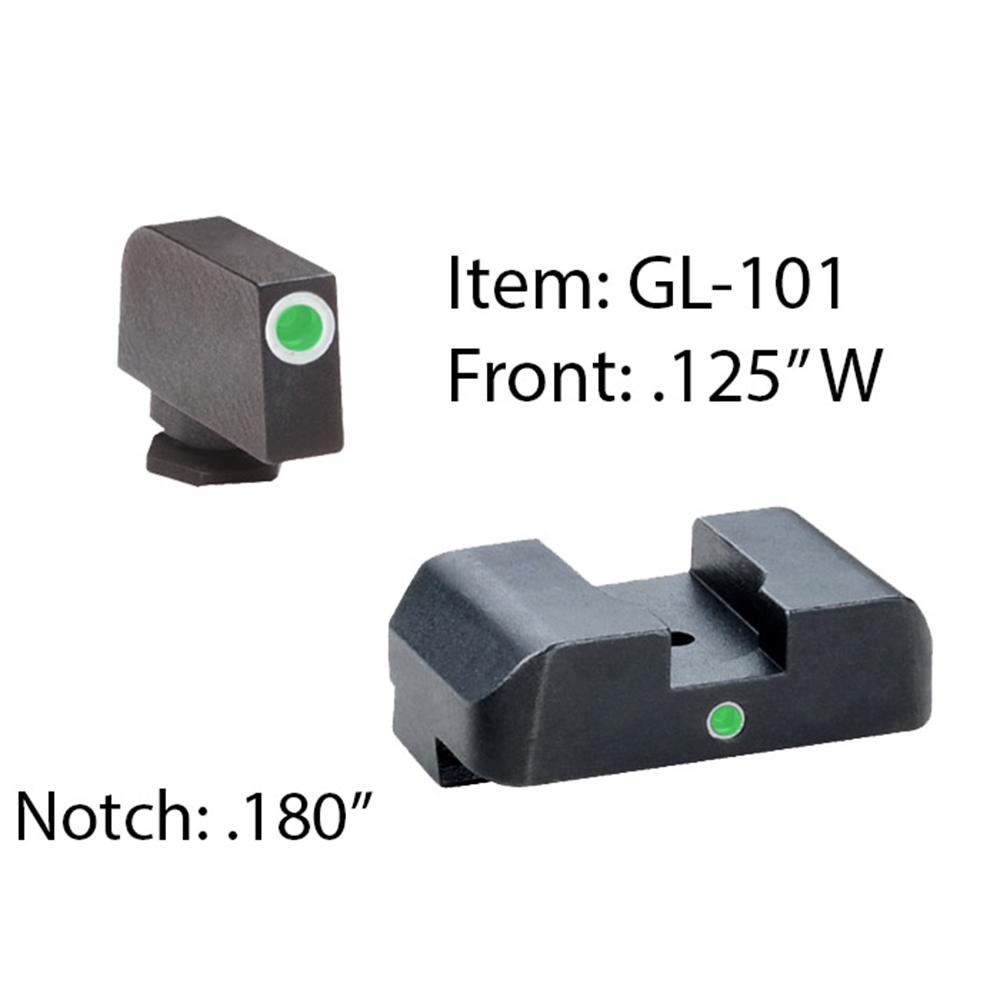 Ameriglo Tritium i-Dot Night Sight for Glock 17-39 / Front Tritium - Green / Front Outline - White / Rear - Green Square Notch Picture of Ameriglo i-Dot Night Sight for Glock 17-39 Green Tritium White Front Single Dot Rear