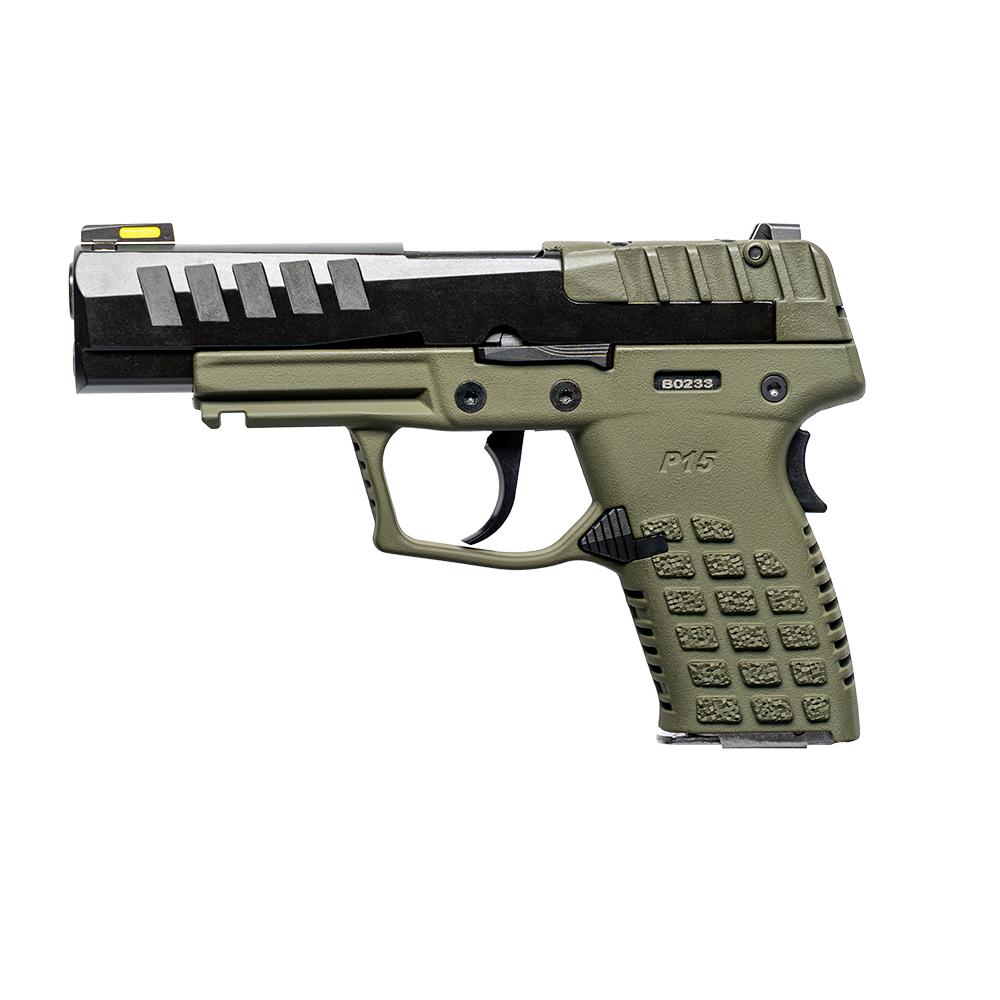 Kel-Tec CA Compliant P15 Handgun 9mm Luger 10rd Magazine 4" Barrel Black Side/OD Green Grip Picture of Kel-Tec Cnc Industries Inc. Kel-Tec P15 Polymer Green Finish 9mm 10 rd mag CA
