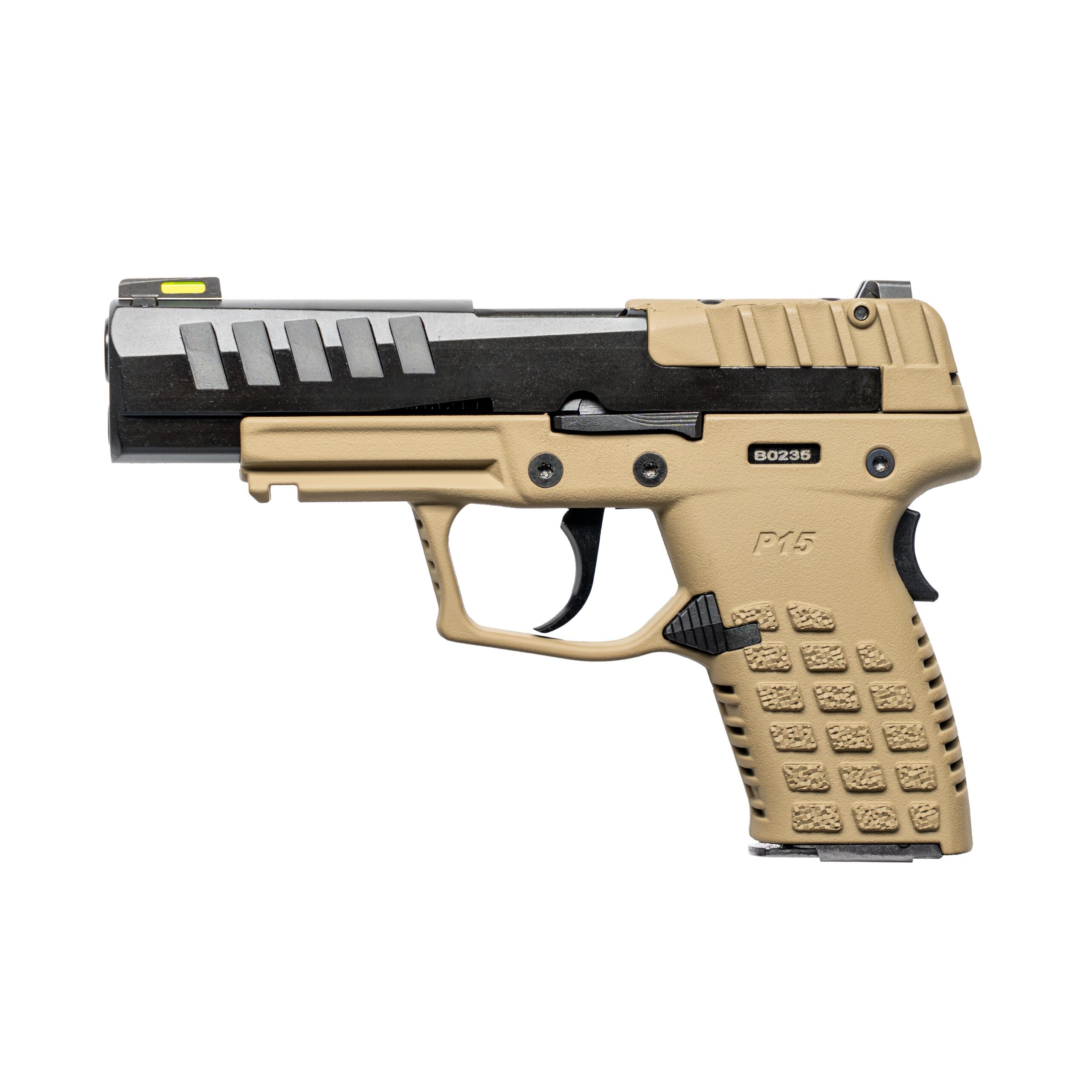 Kel-Tec CA Compliant P15 Handgun 9mm Luger 10rd Magazine 4" Barrel Black Slide/Tan Grip Picture of Kel-Tec Cnc Industries Inc. Kel-Tec P15 Polymer Tan Finish 9mm 10 rd mag CA