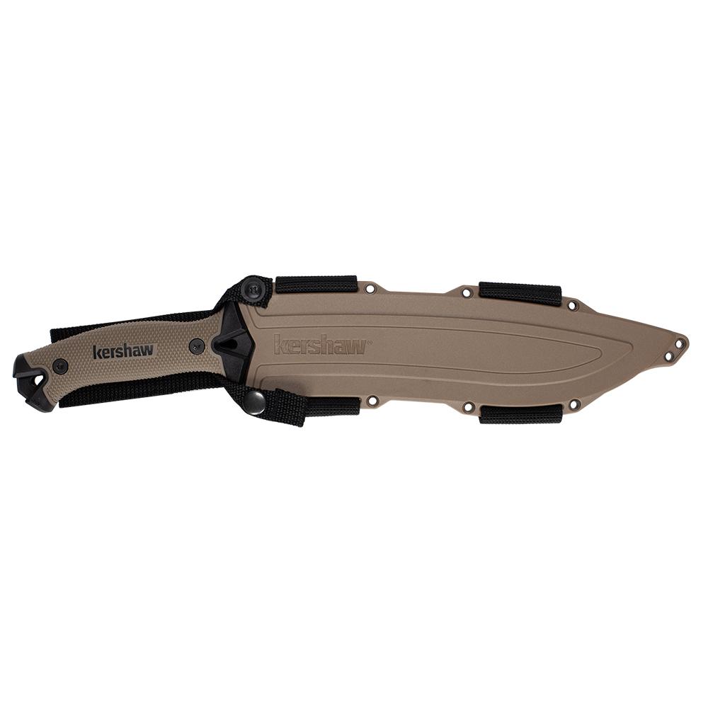 Kershaw Camp 10 Fixed Machete Knife 10" Recurve Blade Tan and Black Picture of Kershaw Knives Kershaw Machete 10" Fixed Blade Knife Plain Edge Carbon/Powdercoat