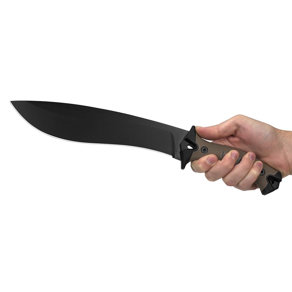 Kershaw Camp 10 Fixed Machete Knife 10" Recurve Blade Tan and Black Picture of Kershaw Knives Kershaw Machete 10" Fixed Blade Knife Plain Edge Carbon/Powdercoat