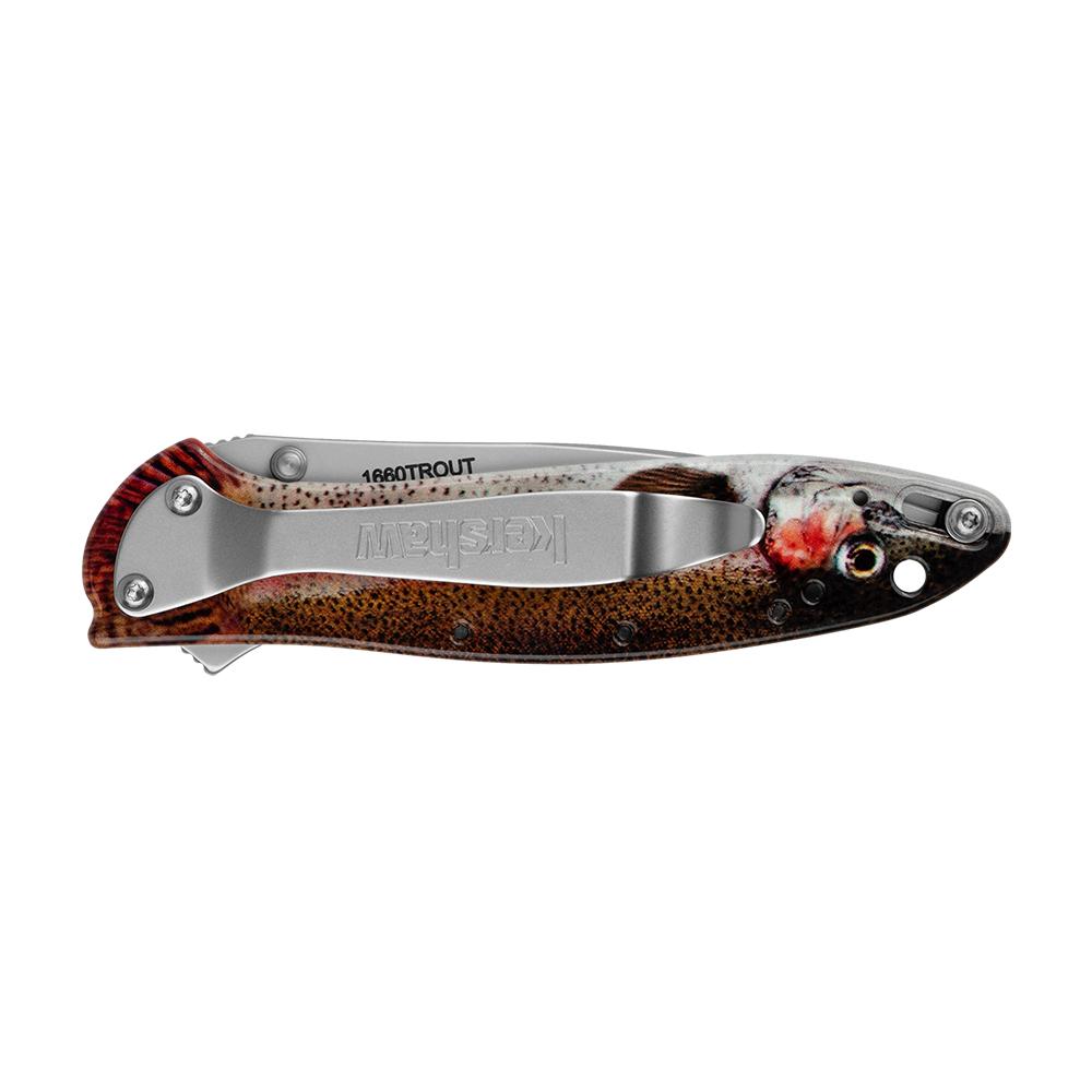Kershaw Leek Folding Knife 3" Drop Point Blade Rainbow Trout Picture of Kershaw Knives KERSHAW LEEK - ALUM RAINBOW TROUT/SIL