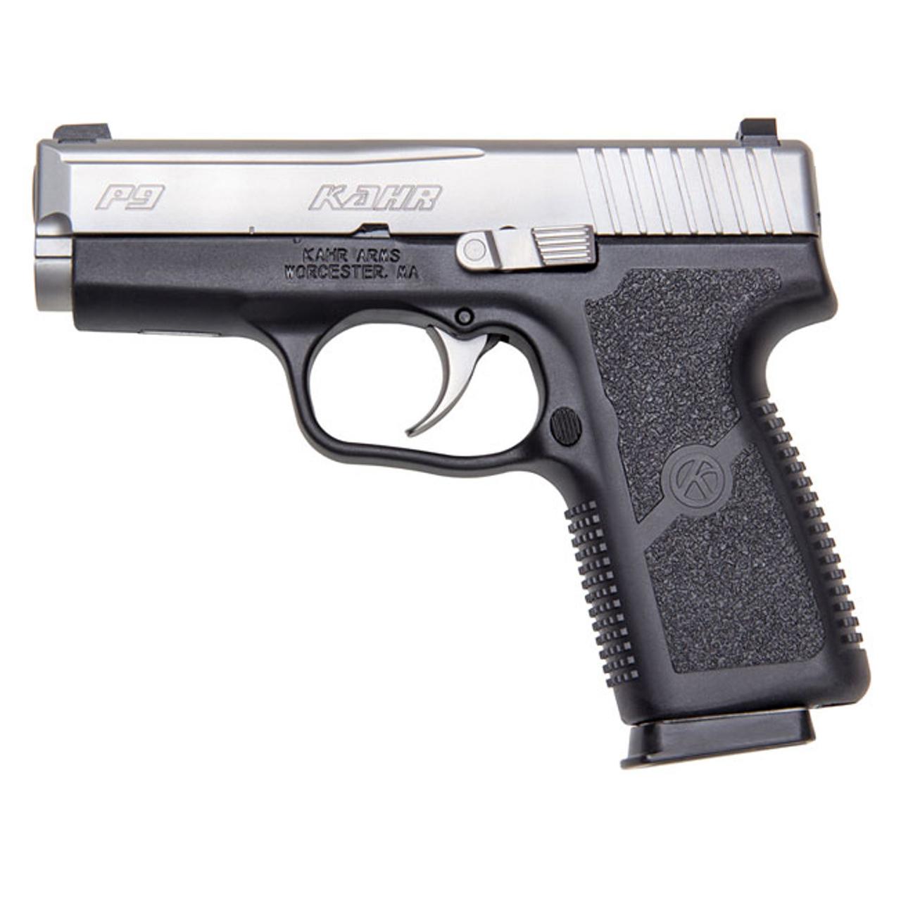 Kahr P9 Handgun 9mm Luger 7rd(2)&8rd(1) Magazines 3.6" Barrel Stainless Slide/Black Grip  Night Sights CA Compliant Picture of Kahr Arms KP93.6? BLK/Matte STS Slide/2-7RD K820/1-8RD K920G w/ night sights CA OK