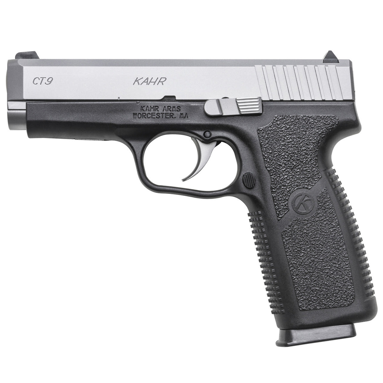 Kahr MK9 Handgun 9mm Luger 6rd(2)&7rd(1) Magazines 3" Barrel Stainless Slide/Black Grip  Night Sights CA Compliant Picture of Kahr Arms MK9 3? barrel matte ss w/night sights 2-6 rd & 1-7rd mag CA OKAY