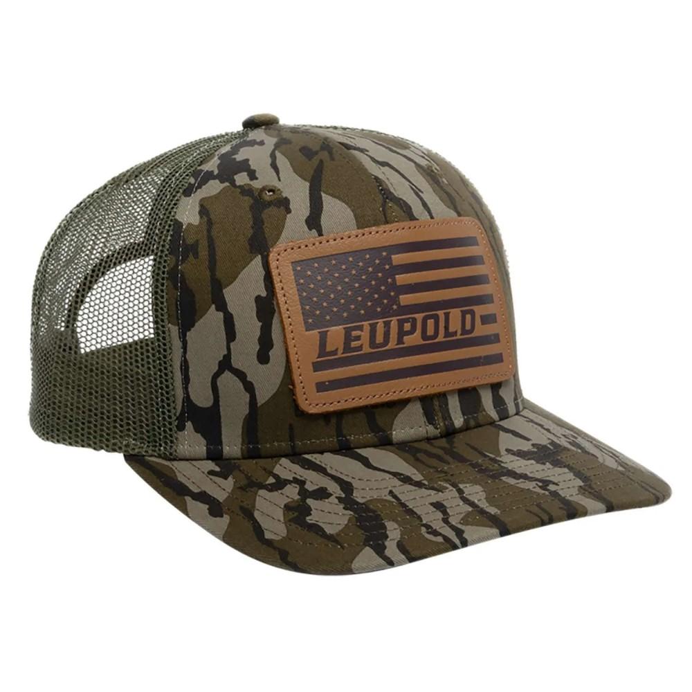 Leupold Leather Flag Trucker Hat Mossy Oak Bottomland Camo/Green Picture of Leupold & Stevens Inc. Leupold Hat Leather Flag Trucker Bottomland Camo/Green