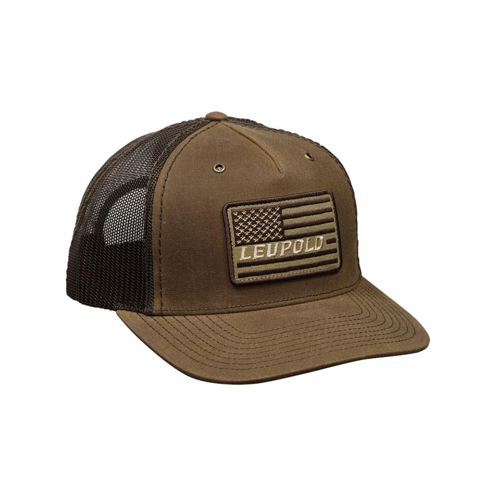 Leupold Flag Waxed Canvas Trucker Hat Buck/Brown Picture of Leupold & Stevens Inc. Leupold Flag Waxed Canvas Trucker Buck/Brown