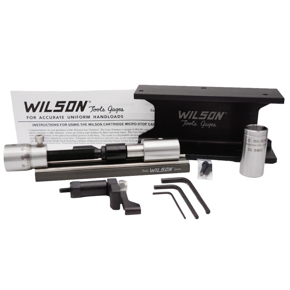 Wilson Stainless Case Trimmer Kit with Micro-Adjust Stop .50 Cal wtih 50 BMG Case Holder Picture of L.E. Wilson Wilson 50 BMG Trimmer Micro Adj Kit w/case holder stand & clamp