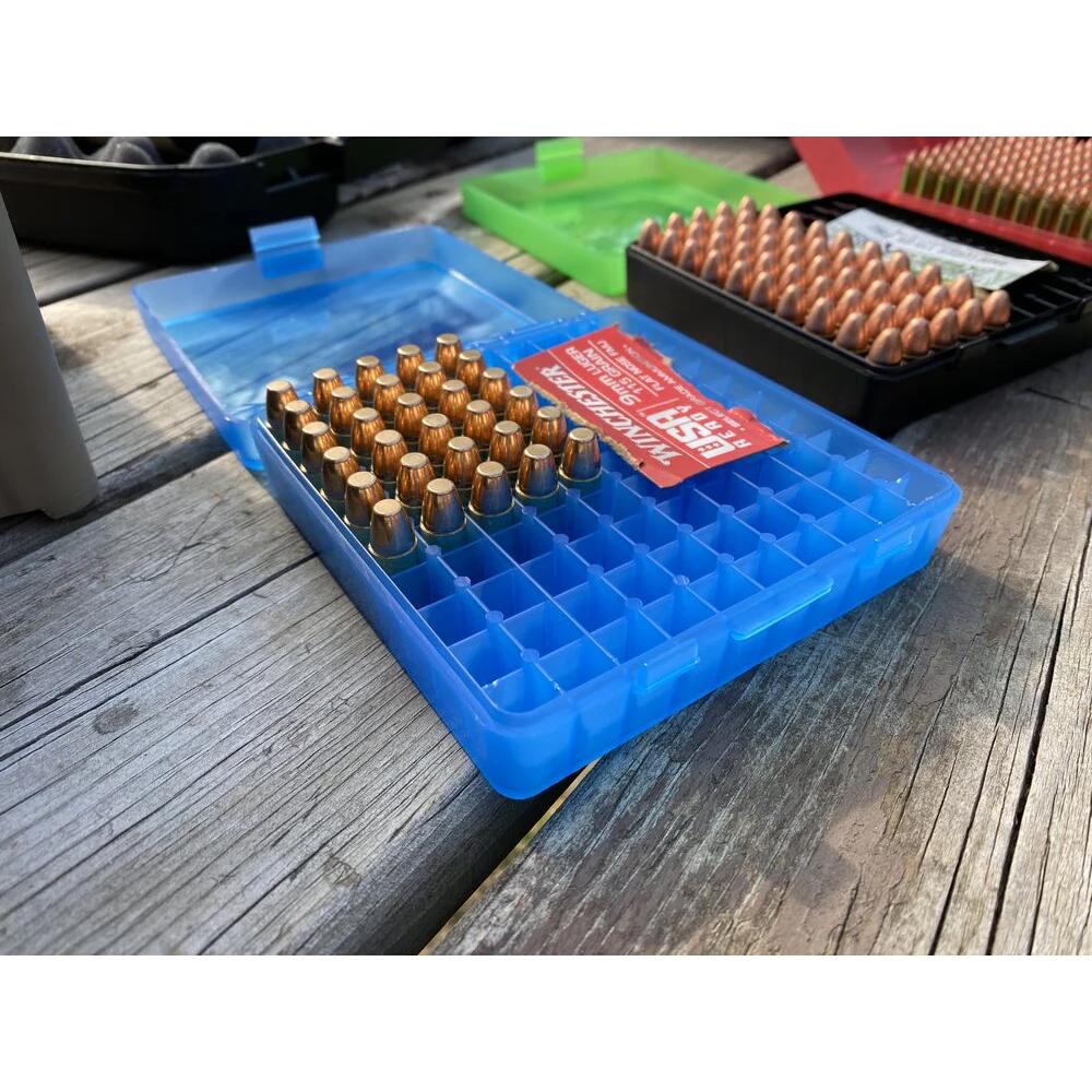 MTM Flip Top Ammo Box for 9mm Luger/.380 ACP 100rd Clear Blue Picture of Mtm Molded Products Company MTM Ammo Box 100 Round Flip-Top 9mm 380 ACP Clr-Blue