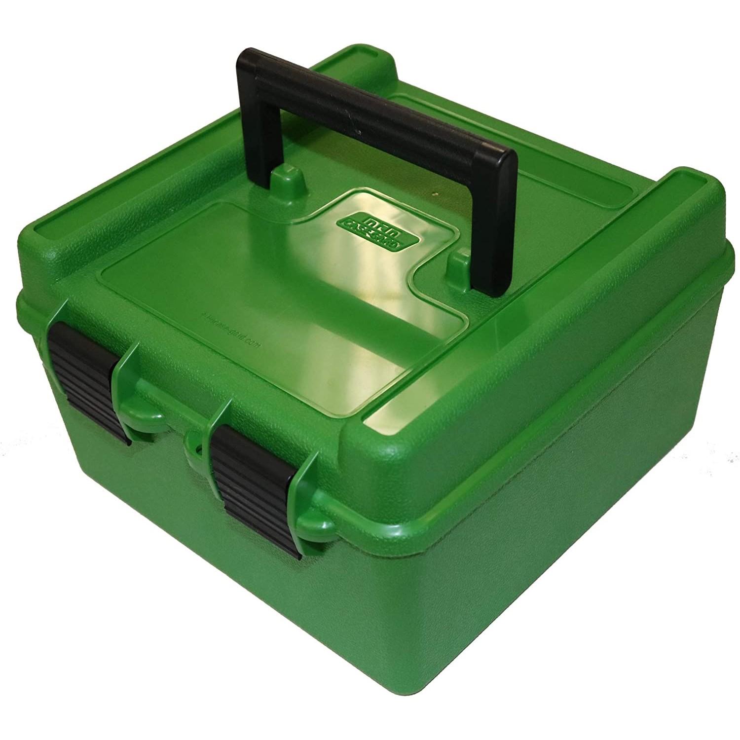 MTM Deluxe R-100 Series Rifle Ammo Box 100 Rounds Green Picture of Mtm Molded Products Company MTM DELUXE AMMO BOX 100 RD HANDLE 22-250 TO 458 WIN GREEN