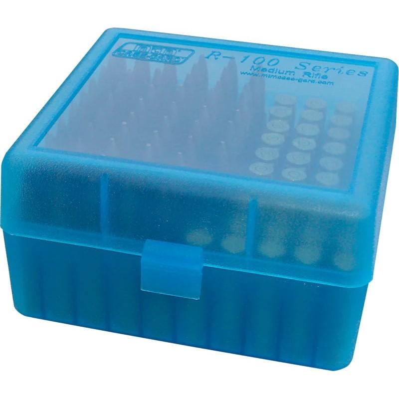 MTM Flip Top Ammo Box for 22-250/.243/.308 Win/.220 Swift 100 Rounds Clear Blue Picture of Mtm Molded Products Company MTM Deluxe Ammo Box 100 Round Handle 22-250 to 458 Win Clr-Blue