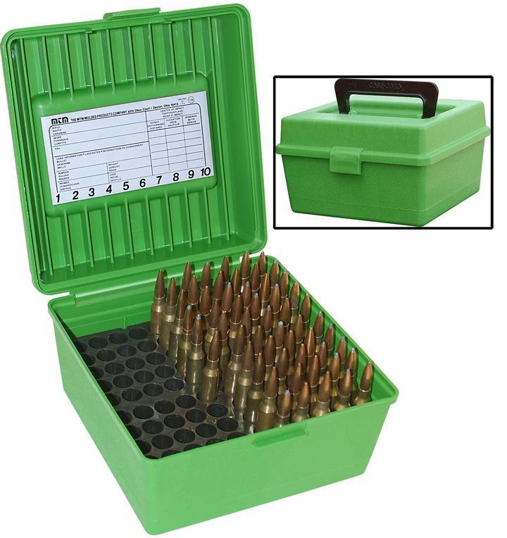 MTM Deluxe R-100 MAG Series Rifle Ammo Box 100 Rounds Green Picture of Mtm Molded Products Company MTM DELUXE AMMO BOX 100 RD HANDLE WSM WSSM ULTRA MAG GREEN