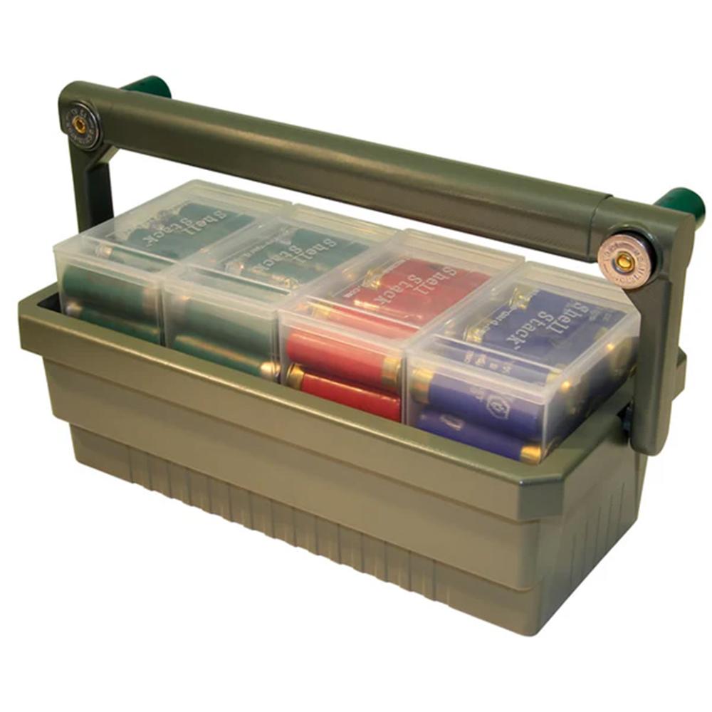 MTM Shotshell Box Caddy with 4 Clear Ammo Boxes Picture of Mtm Molded Products Company MTM Shotshell Box Caddy w/ 4 each SS25-00 Army Green/Clear