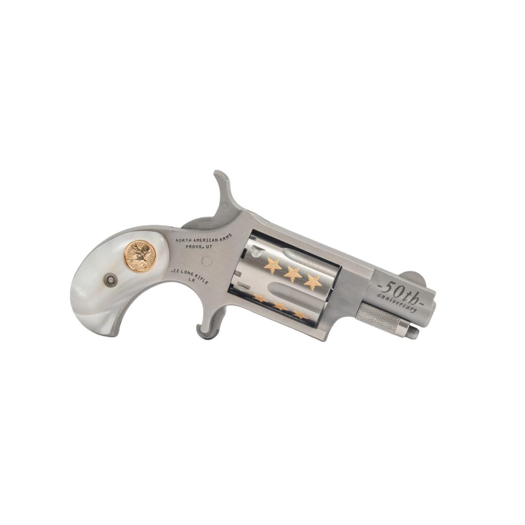 North American Arms 50th Anniversary Belt Buckle 22 LR 5rd Capacity 1.125" Barrel Faux Pearl Grip Picture of North American Arms North American Arms 50th anniversary Belt Buckle 22LR