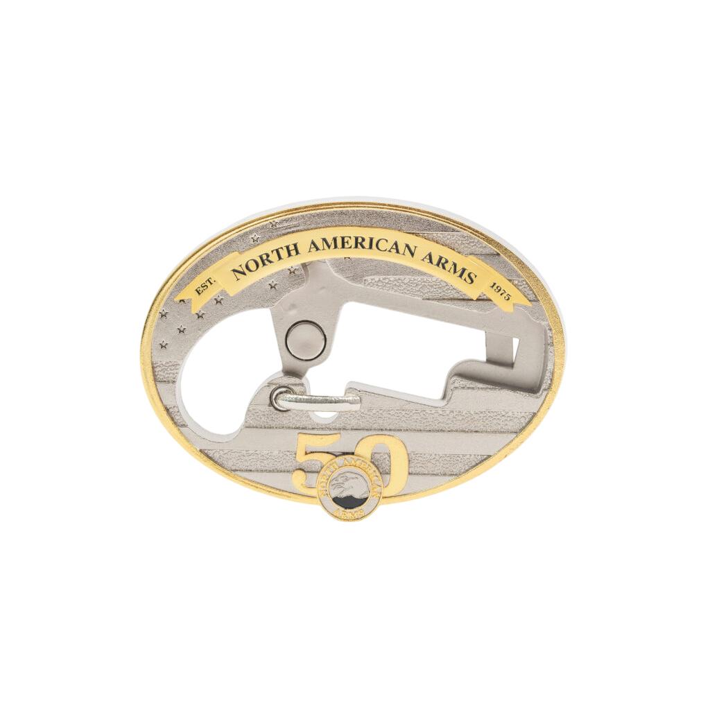 North American Arms 50th Anniversary Belt Buckle 22 LR 5rd Capacity 1.125" Barrel Faux Pearl Grip Picture of North American Arms North American Arms 50th anniversary Belt Buckle 22LR