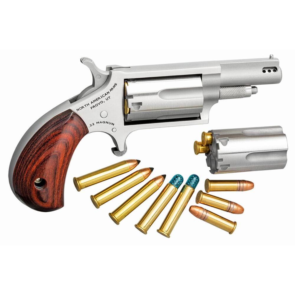 North American Arms Ported Magnum Handgun .22 WMR 5rd Capacity 1.63" Barrel Silver with Rosewood Grips Picture of North American Arms NAA PORTED 22 MAG 15/8' 22LR/M