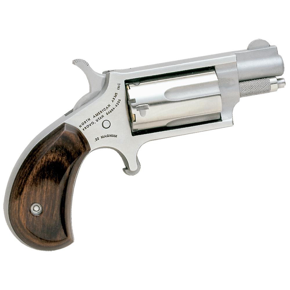 NAA 22MS Mini Revolver Handgun .22 WMR 5rd Capacity 1.125" Barrel Silver with Wood Grip Picture of North American Arms NAA MINI REVOLVER .22MAG 1-1/8" BRL