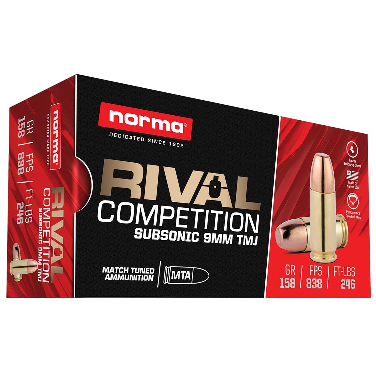 Norma Rival Competition Subsonic Ammunition 9mm Luger 158gr TMJ 838 fps 50/ct Picture of Norma Ammunition RANGE & TRAINING 9mm 158gr TMJ - Subsonic 50RDS AMMO