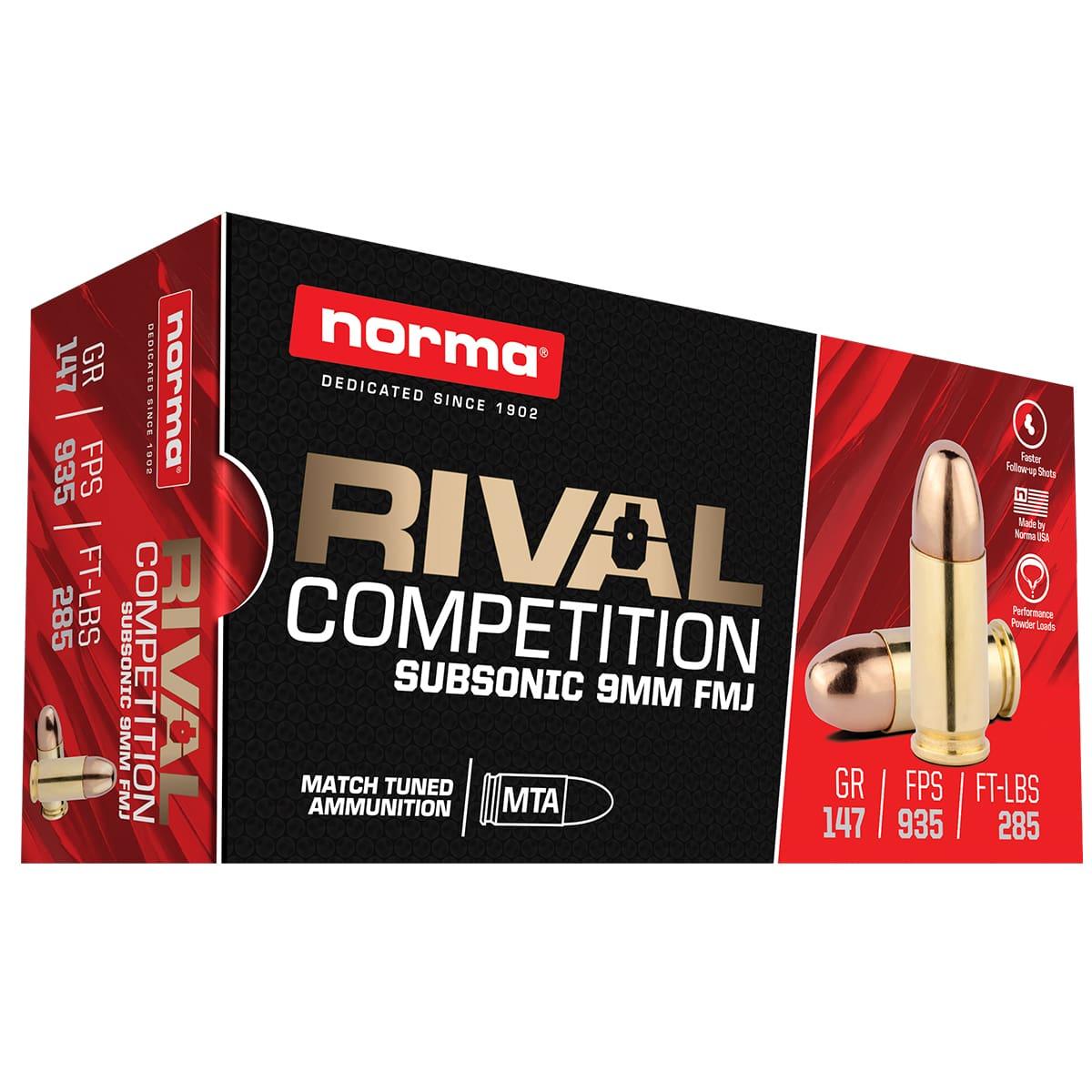 Norma Rival Competition Subsonic Rifle Ammunition 9mm Luger 147gr FMJ 935 fps 50/ct Picture of Norma Ammunition RANGE & TRAINING 9mm Luger 147 FMJ - Subsonic 50RDS AMMO