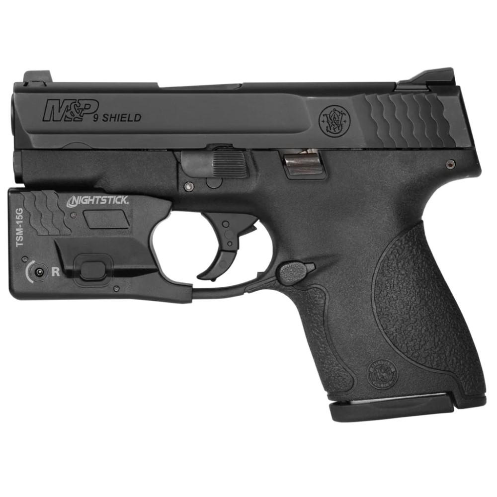 Nightstick Weapon Light with Green Laser Black for S&W M&P Shield/Shield Plus Picture of Bayco Products dba NightStick Sub-CompHandgunLight w/Grn Laser-Li-Ion-Fits S&W M&P Shield